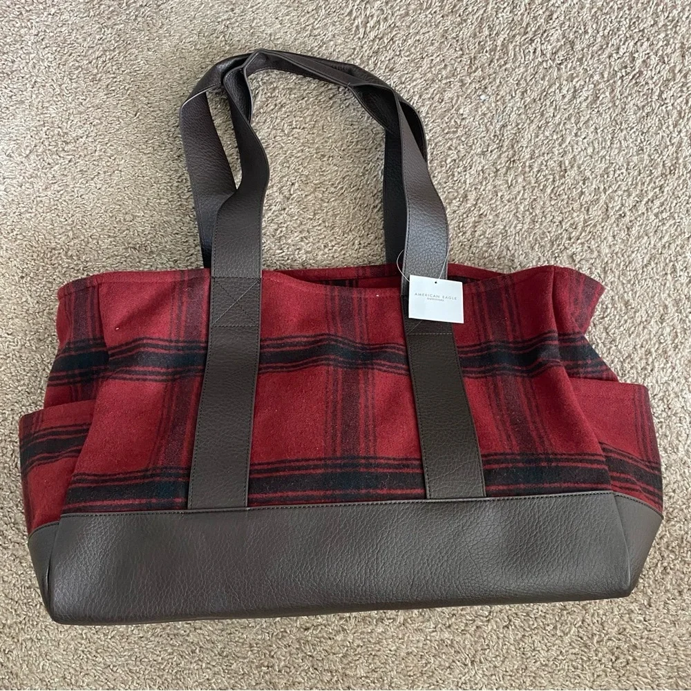 American Eagle Outfitters Red Plaid Duffel Tote with Brown Trim new